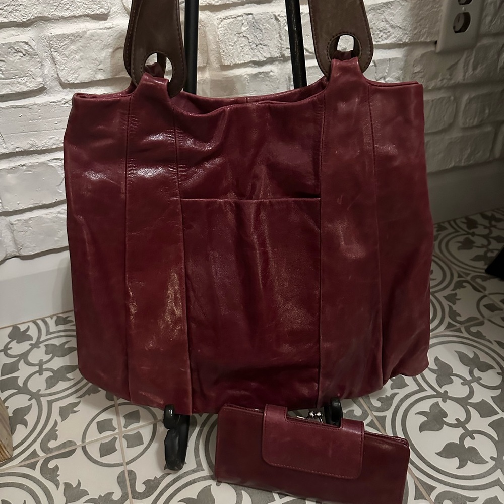 HOBO Burgundy Leather Tote Bag + Wallet